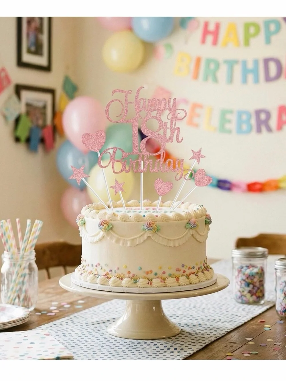 Rose Gold Happy 18th Birthday Cake Topper - Glitter Party Picks